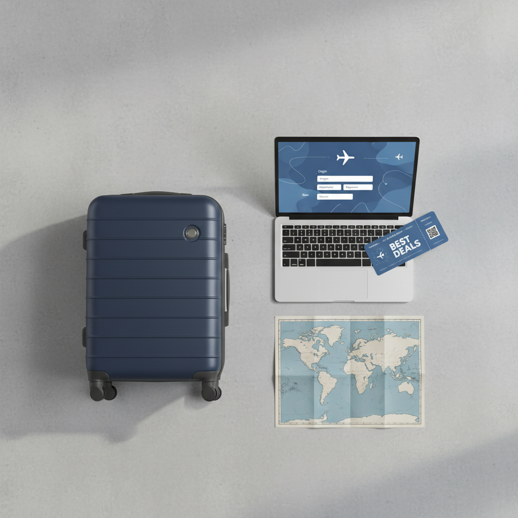 A clean, modern flat-lay of a navy-blue hard-shell suitcase with a subtle matte texture, placed on a light concrete surface next to a neatly folded world map, a sleek silver laptop displaying a stylized flight search screen, and a blue boarding pass graphic labeled “Best Deals”. Soft diffused daylight from the left creates minimal shadows and an even, professional look. The composition follows a tidy grid, with generous negative space for text overlay. The photographic realism and cool, balanced color palette reinforce a trustworthy, data-driven atmosphere, ideal for a flight deals business emphasizing clarity, savings, and efficient trip planning without visual clutter.