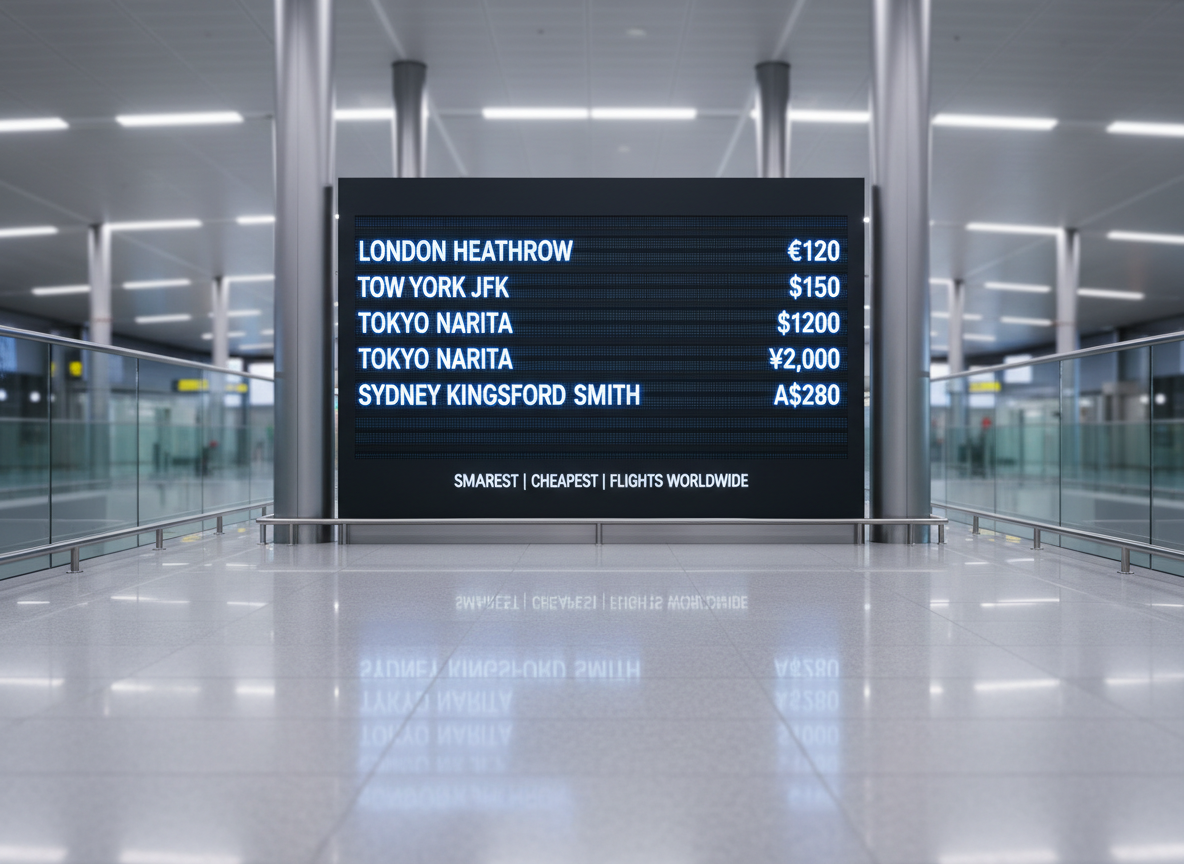 A large digital departure board in a modern airport environment displaying multiple destinations and sharply highlighted low prices in contrasting blue and white. The board’s matte black surface and crisp LED-like typography are rendered in photographic realism. Around it, architectural details such as glass railings and brushed metal beams are softly out of focus, creating depth without any visible people. Overhead, cool white artificial lighting casts gentle reflections on polished floor tiles. Shot from a slightly low angle to make the board appear prominent and authoritative, the mood is confident, professional, and focused on uncovering the smartest, cheapest flights available worldwide.