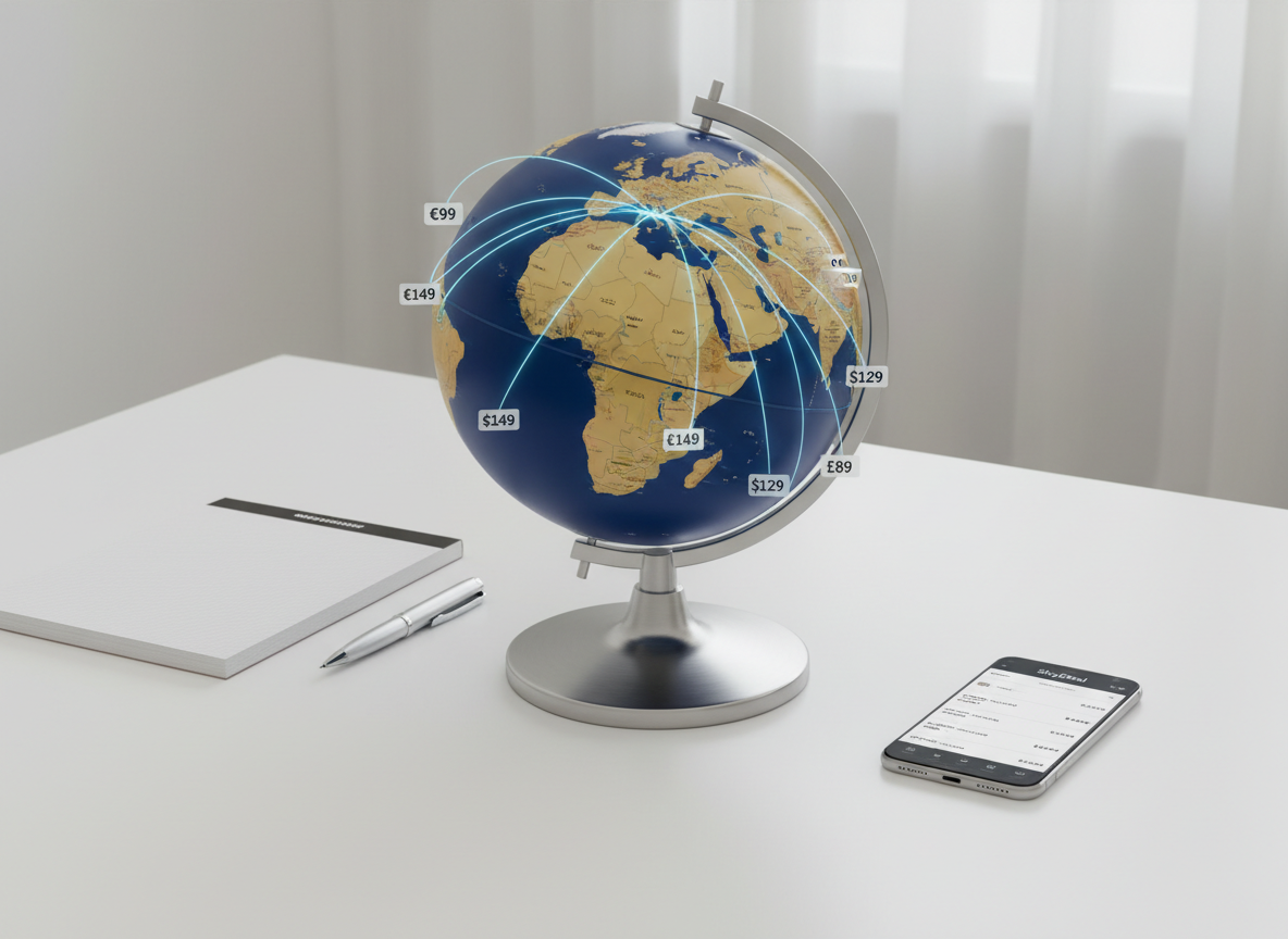 An elegant globe with a brushed steel base and deep blue oceans, its major flight routes represented by thin, glowing lines arcing between continents, each line subtly labeled with small price tags suggesting low fares. The globe rests on a smooth white desk next to a minimalist notepad and a slim smartphone displaying a stylized “SkyDeal” flight results screen. Soft studio lighting from above and to the right creates controlled highlights on the globe’s glossy surface and gentle shadows on the desk. Photographic realism and a clean, modern aesthetic emphasize smart, tech-driven discovery of bons plans vols, conveying strategic, well-researched travel savings.
