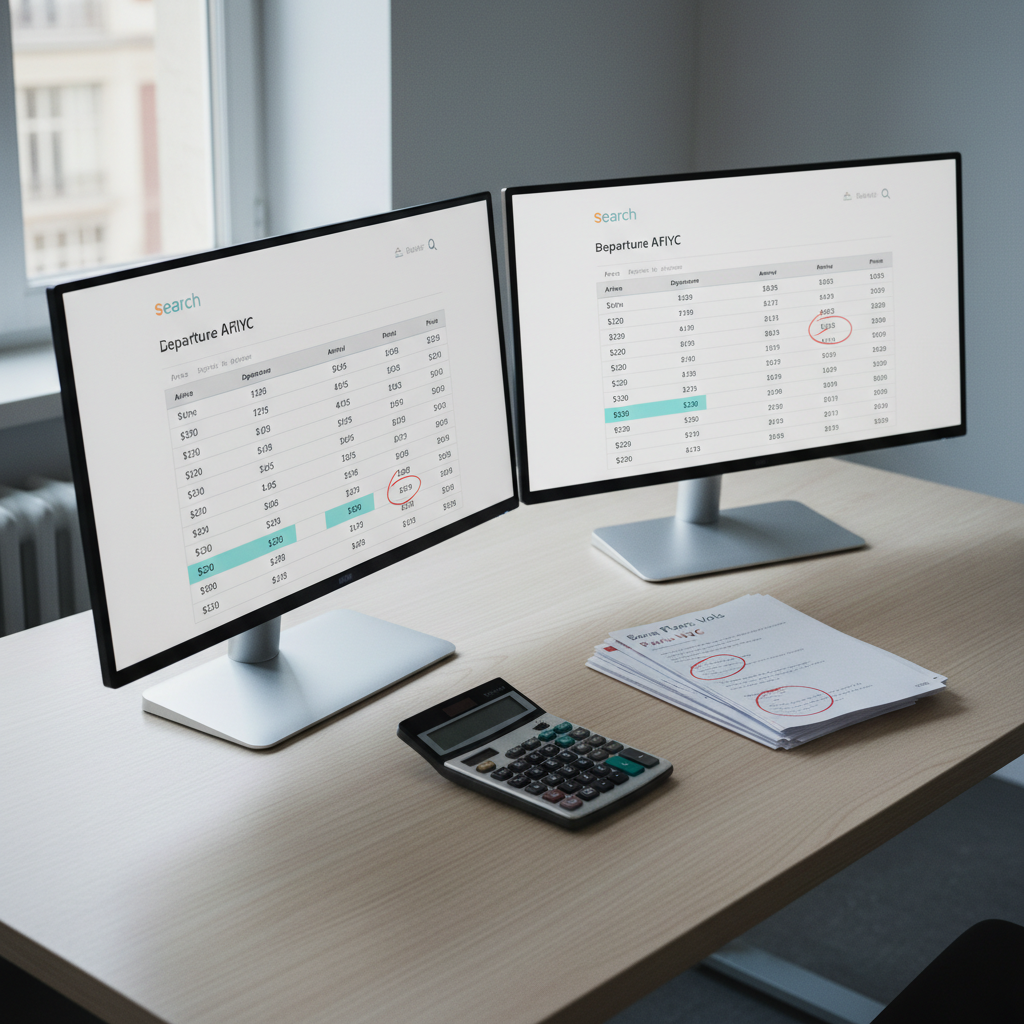 A carefully arranged comparison workspace with two ultra-thin monitors on a light wood desk, each screen showing simplified flight search results where one column clearly highlights lower prices in calm blues and teals. Between the monitors lies a slim metallic calculator and a tidy stack of printed itineraries with visible price differences circled. Cool neutral daylight flows in from an unseen window to the left, producing soft shadows and a focused, analytical atmosphere. Captured at a three-quarter angle in photographic realism, with sharp focus across the scene, the composition underscores professional, data-focused optimization of airfares and the hunt for the very best bons plans vols.