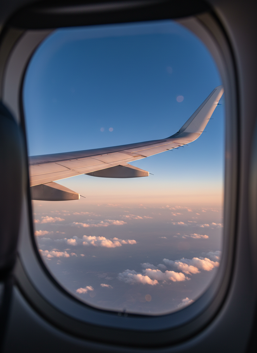 A sleek airplane wing seen from a window seat, cutting through a clear gradient sky that shifts from deep blue at the top to soft pastel near the horizon. Below, a subtle patchwork of clouds suggests distant landscapes and potential destinations. Soft morning sunlight glints along the metallic edge of the wing, creating precise highlights and clean reflections that feel crisp and professional. Shot in photographic realism from an eye-level perspective, with the wingtip placed on the rule of thirds. The cabin interior is softly blurred, producing a gentle bokeh that keeps attention on the wing and sky, conveying the promise of budget-friendly travel and smart flight deals.